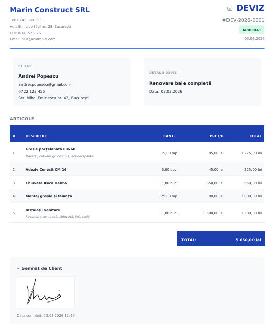 Exemplu deviz profesional creat cu Deviz Rapid