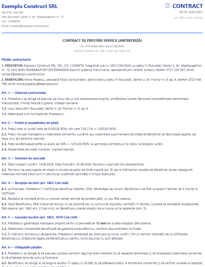 Contractul de prestări servicii generat din deviz, cu părțile, prețul și termenele