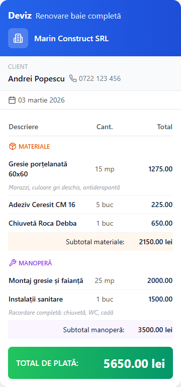 Exemplu deviz profesional creat cu Deviz Rapid